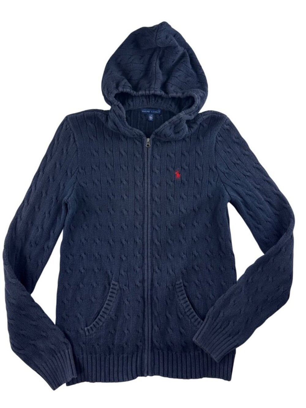 Ralph Lauren Womens Large Navy Blue100% Cotton Cable Knit Hooded Zip Sweater